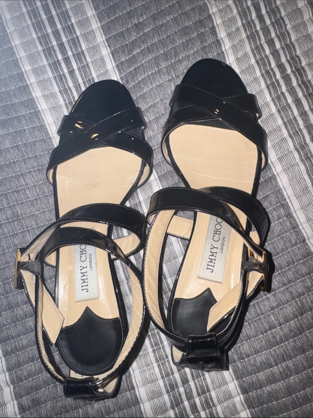 Jimmy Choo Black Patent Leather Crisscross Ankle-Strap Sandals